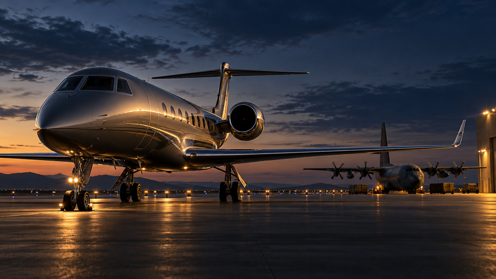 Executive jet and logistics aircraft at blue hour
