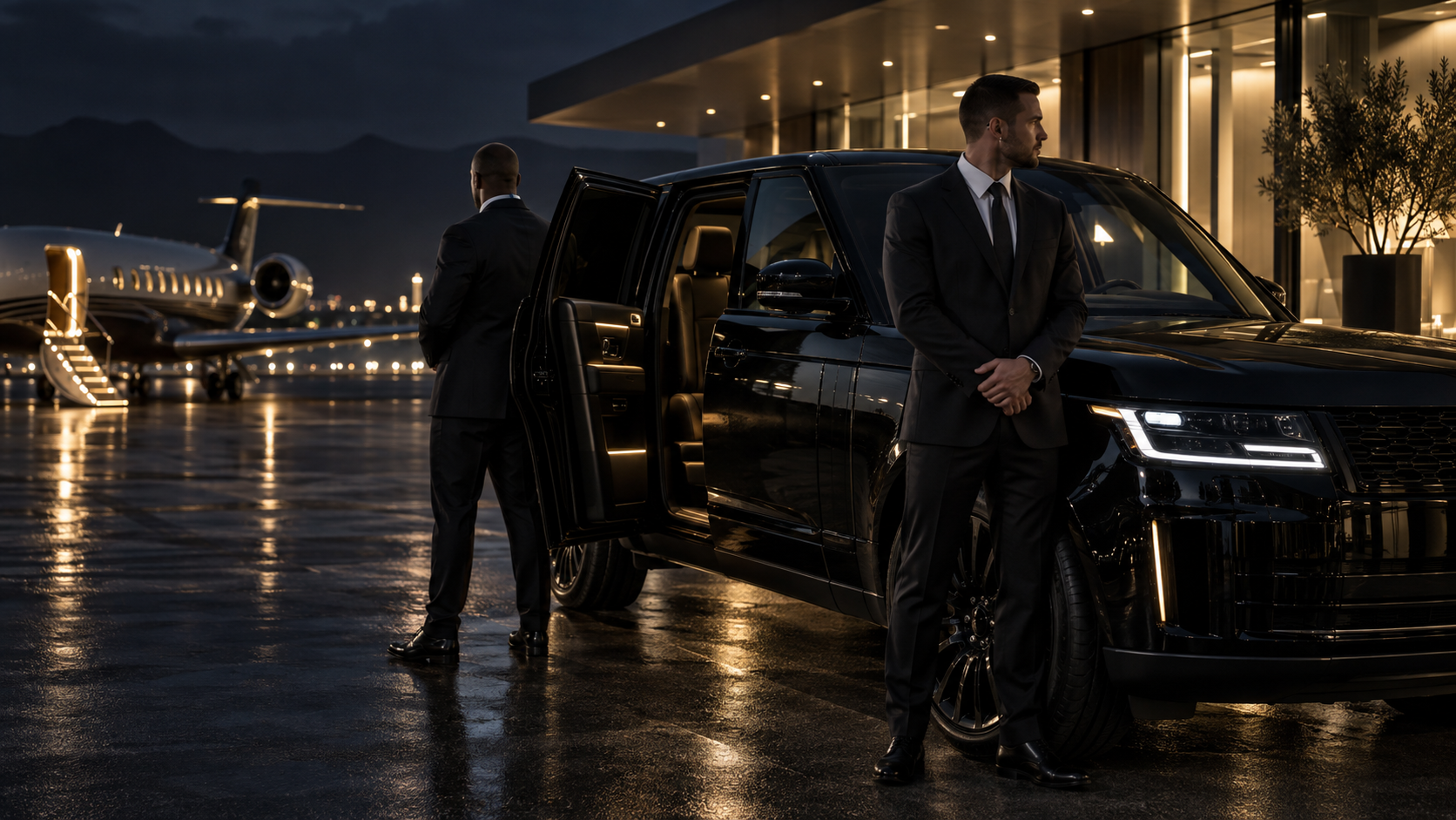 Executive protection specialists beside a secure luxury vehicle